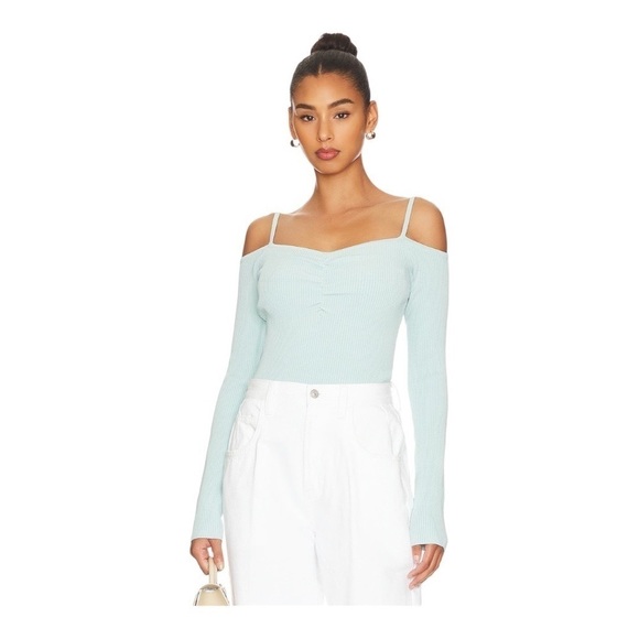 NEW 7 For All Mankind Off The Shoulder Top Long Sleeves Rib Knit Pale Blue Small - Picture 1 of 9